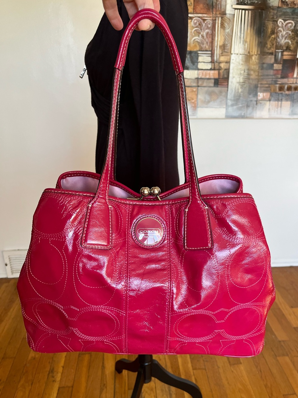 Coach patent leather kiss lock #E1093-F15638 carryall raspberry  purse